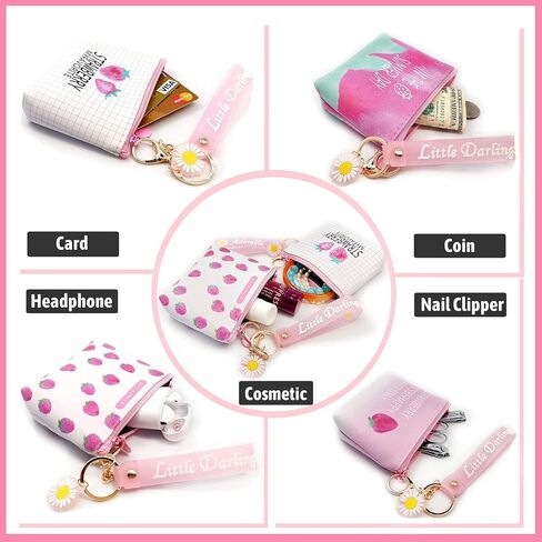 4pc Strawberry Coin Purses with Cute Keychain | Little Zipper Wallets for Jewelry, Cosmetics, and More | Portable and Stylish Kawaii Party Favors in Kuwait