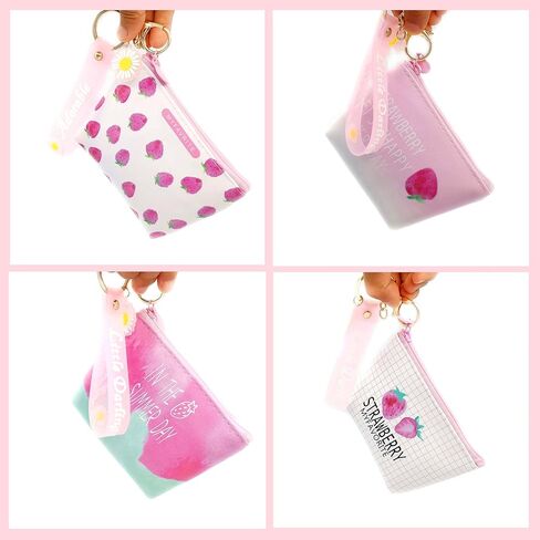 4pc Strawberry Coin Purses with Cute Keychain | Little Zipper Wallets for Jewelry, Cosmetics, and More | Portable and Stylish Kawaii Party Favors in Kuwait