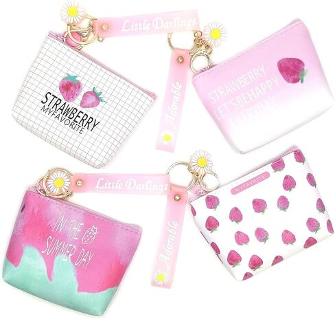 4pc Strawberry Coin Purses with Cute Keychain | Little Zipper Wallets for Jewelry, Cosmetics, and More | Portable and Stylish Kawaii Party Favors in Kuwait