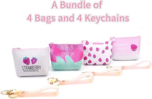 4pc Strawberry Coin Purses with Cute Keychain | Little Zipper Wallets for Jewelry, Cosmetics, and More | Portable and Stylish Kawaii Party Favors in Kuwait