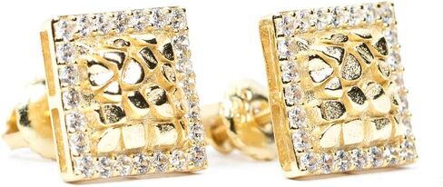 Mens Square Iced Cz 14K Gold Plated 3D Nugget Hip Hop Stud Screw Back Earrings in Saudi Arabia