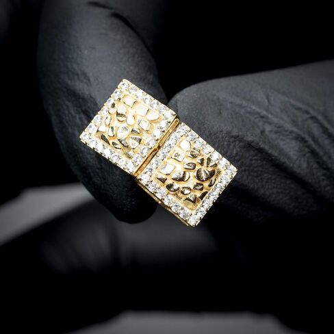 Mens Square Iced Cz 14K Gold Plated 3D Nugget Hip Hop Stud Screw Back Earrings in Saudi Arabia
