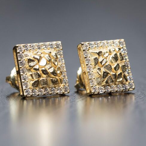 Mens Square Iced Cz 14K Gold Plated 3D Nugget Hip Hop Stud Screw Back Earrings in Saudi Arabia
