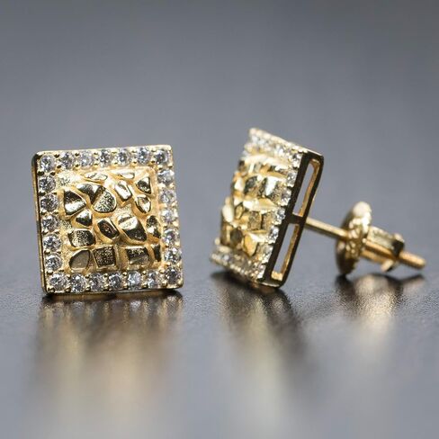 Mens Square Iced Cz 14K Gold Plated 3D Nugget Hip Hop Stud Screw Back Earrings in Saudi Arabia