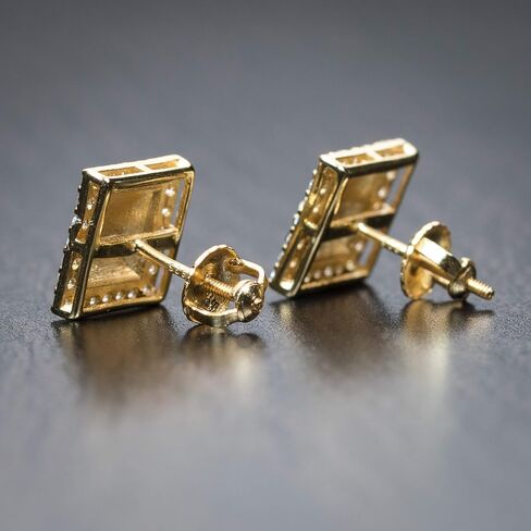 Mens Square Iced Cz 14K Gold Plated 3D Nugget Hip Hop Stud Screw Back Earrings in Saudi Arabia