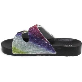 H2K Womens Glitter Double Buckle Adjustable Comfort Slip On Slides Sandals Espen