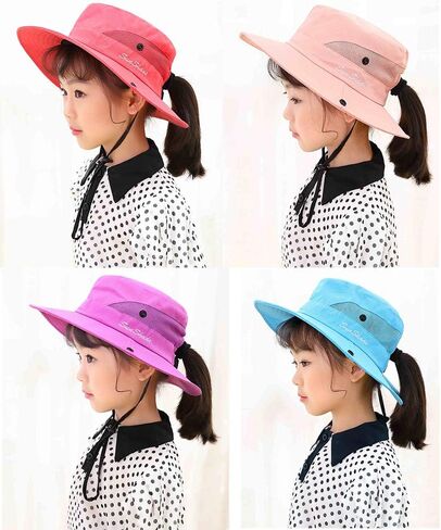 4 قطع من قبعة الشمس للأطفال البنات على شكل ذيل حصان للحماية من الأشعة فوق البنفسجية، قبعة سفاري للشاطئ، قبعة بحافة واسعة in Kuwait