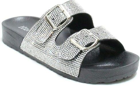 H2K Womens Glitter Double Buckle Adjustable Comfort Slip On Slides Sandals Espen in Saudi Arabia