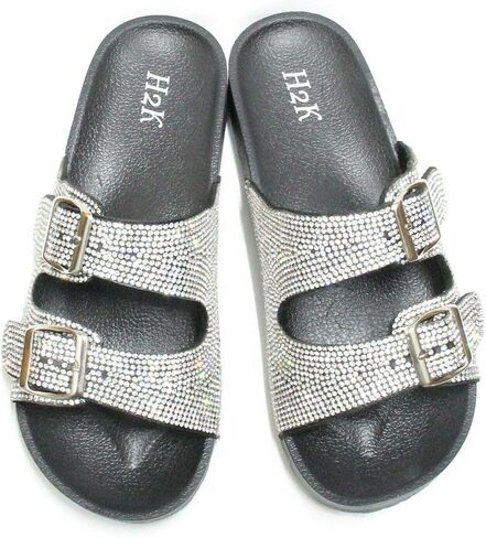 H2K Womens Glitter Double Buckle Adjustable Comfort Slip On Slides Sandals Espen in Saudi Arabia