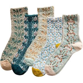DXYAKY 5 Pairs Womens Floral Cotton Socks Vintage Patterned Crew Socks Novelty Ankle Ruffled Warm Casual Dress Socks in Saudi Arabia