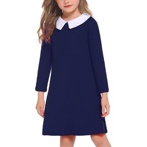 Arshiner Girls Long Sleeve Vintage Peter Pan Collar T-Shirt Dress Age 4-13 Years