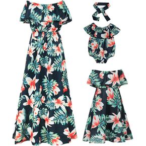 PopReal Mommy and Me Dresses Floral Printed Chiffon Bowknot Ruffles Short Sleeve Beach Mom Daughter Matching Outfits in Saudi Arabia