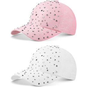 Loopeer 2 Pcs Adjustable Breathable Rhinestone Baseball Cap for Women Men Sequins Casual Sports Cap Rhinestone Hat