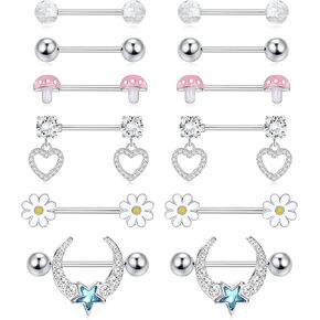 Sanfenly 14G Nipple Rings for Women Nipple Piercing Jewelry Stainless Steel Hypoallergenic Heart Moon Star Daisy Flower Mushroom Nipple Barbells