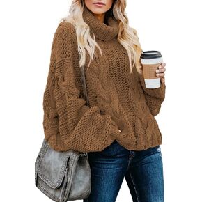 Dokotoo Womens 2023 Winter Fall Solid Turtleneck High Neck Balloon Long Sleeve Sweaters Pullover Outerwear