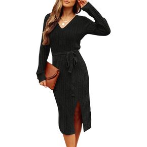 MEROKEETY Women's V Neck Cable Knit Sweater Dress Long Sleeve Bodycon Slit Pullover Midi Dress with Belt