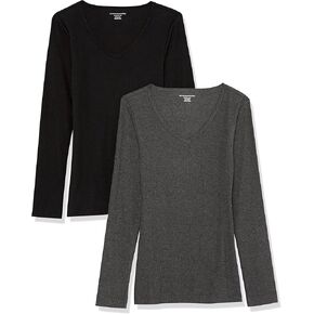 Amazon Essentials Women's Slim-Fit Layering Long Sleeve Knit Rib V-Neck (Available in Plus Size), Pack of 2