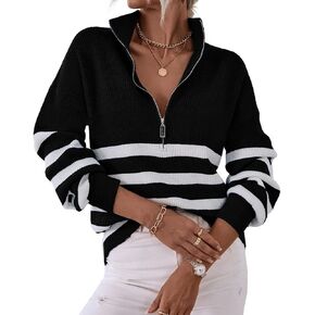 BTFBM Women 2023 Casual Long Sleeve Zip Striped Pullover Sweaters V Neck Collar Ribbed Knit Fall Winter Slouchy Jumpers in Kuwait