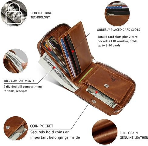 Slim Zipper Wallets For Men RFID Leather Mens Bifold Creidt Card Holder Zip Around Wallet With Coin Pocket in Kuwait