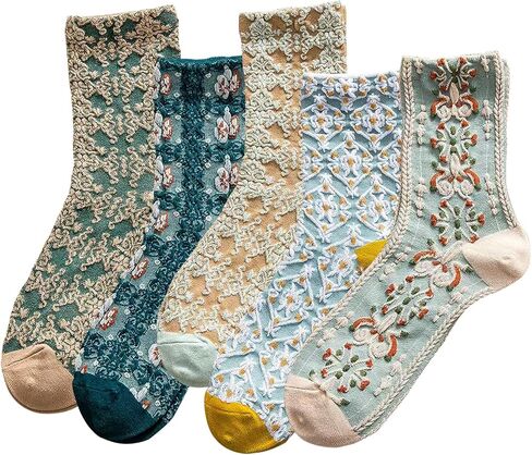 DXYAKY 5 Pairs Womens Floral Cotton Socks Vintage Patterned Crew Socks Novelty Ankle Ruffled Warm Casual Dress Socks in Kuwait