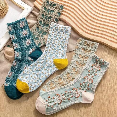 DXYAKY 5 Pairs Womens Floral Cotton Socks Vintage Patterned Crew Socks Novelty Ankle Ruffled Warm Casual Dress Socks in Kuwait