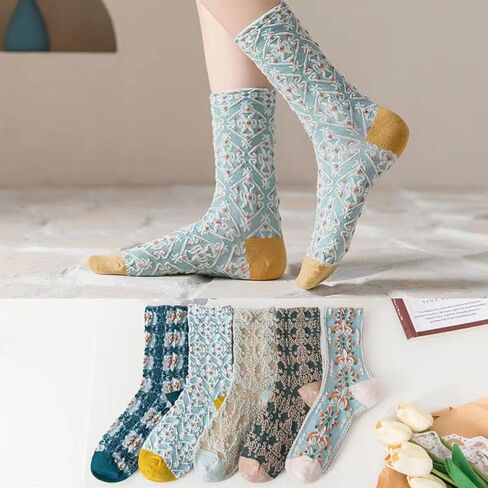 DXYAKY 5 Pairs Womens Floral Cotton Socks Vintage Patterned Crew Socks Novelty Ankle Ruffled Warm Casual Dress Socks in Kuwait