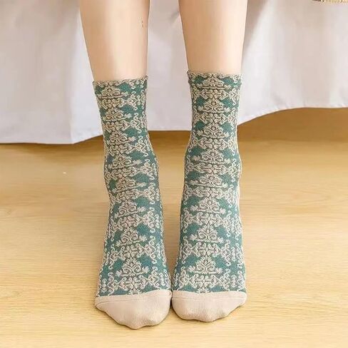 DXYAKY 5 Pairs Womens Floral Cotton Socks Vintage Patterned Crew Socks Novelty Ankle Ruffled Warm Casual Dress Socks in Kuwait