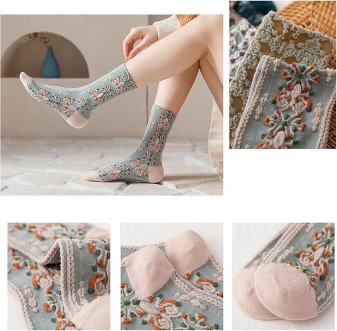 DXYAKY 5 Pairs Womens Floral Cotton Socks Vintage Patterned Crew Socks Novelty Ankle Ruffled Warm Casual Dress Socks in Kuwait