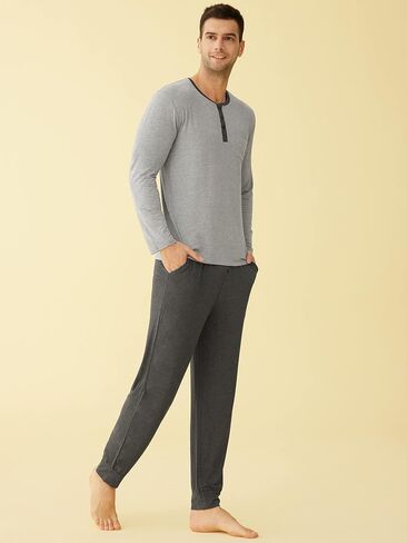 Latuza Men's Bamboo Viscose Pajamas Set Henley Long Sleeves Top Pants in Saudi Arabia