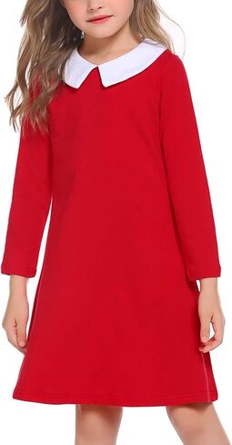 Arshiner Girls Long Sleeve Vintage Peter Pan Collar T-Shirt Dress Age 4-13 Years in Saudi Arabia