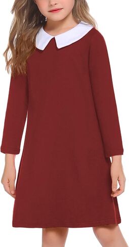 Arshiner Girls Long Sleeve Vintage Peter Pan Collar T-Shirt Dress Age 4-13 Years in Saudi Arabia