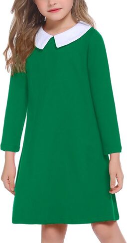 Arshiner Girls Long Sleeve Vintage Peter Pan Collar T-Shirt Dress Age 4-13 Years in Saudi Arabia
