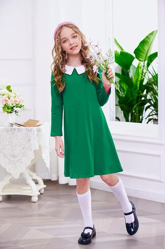 Arshiner Girls Long Sleeve Vintage Peter Pan Collar T-Shirt Dress Age 4-13 Years in Saudi Arabia