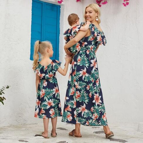 فساتين PopReal Mommy and Me ملابس متطابقة مع فيونكة شيفون مطبوعة بالزهور وأكمام قصيرة وكشكشة على الشاطئ in Kuwait