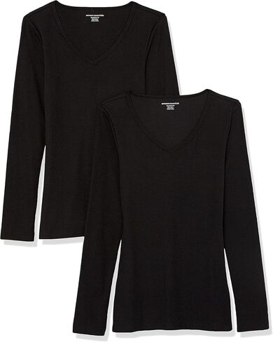 Amazon Essentials Women's Slim-Fit Layering Long Sleeve Knit Rib V-Neck (Available in Plus Size), Pack of 2 in Saudi Arabia