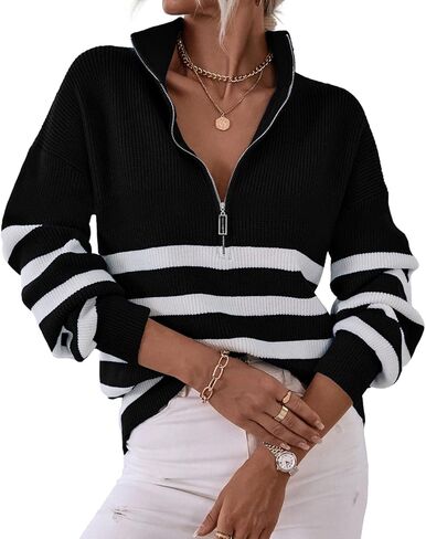 BTFBM Women 2023 Casual Long Sleeve Zip Striped Pullover Sweaters V Neck Collar Ribbed Knit Fall Winter Slouchy Jumpers in Kuwait