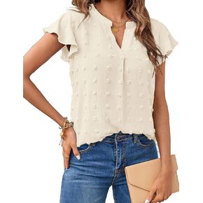 MEROKEETY Women 2023 Summer V Neck Ruffle Short Sleeve Blouse Swiss Dot Flowy Shirt Tunic Top in Saudi Arabia