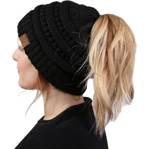 Funky Junque Ponytail Messy Bun BeanieTail Women's Beanie Solid Ribbed Hat Cap in Saudi Arabia