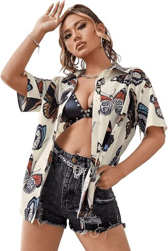 SweatyRocks Women's Short Sleeve Cute Print Button Down Shirt Tops in Kuwait