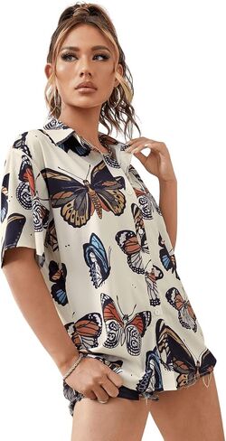 SweatyRocks Women's Short Sleeve Cute Print Button Down Shirt Tops in Kuwait