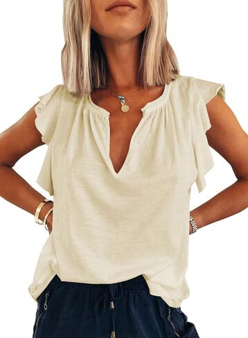 Dokotoo Women's Casual V Neck Ruffle Sleeve Summer Tank Tops Shirts in Kuwait