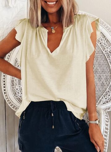 Dokotoo Women's Casual V Neck Ruffle Sleeve Summer Tank Tops Shirts in Kuwait