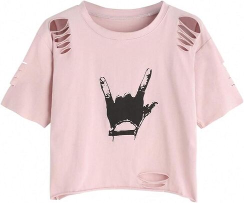 SweatyRocks Women's Short Sleeve T Shirt Graphic Print Distressed Crop Top in Saudi Arabia
