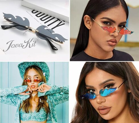 JOVAKIT النار لهب النظارات الشمسية للنساء الرجال ريترو خمر بدون شفة نظارات شمسية النار على شكل فرملس النظارات حماية من الأشعة فوق البنفسجية in Kuwait