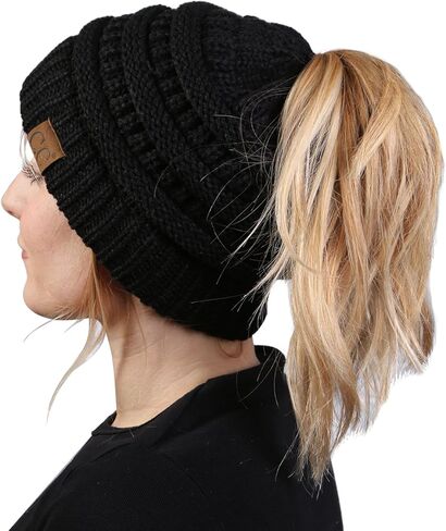 قبعة صغيرة مضلعة صلبة للنساء من Funky Junque Ponytail Messy Bun BeanieTail in Kuwait