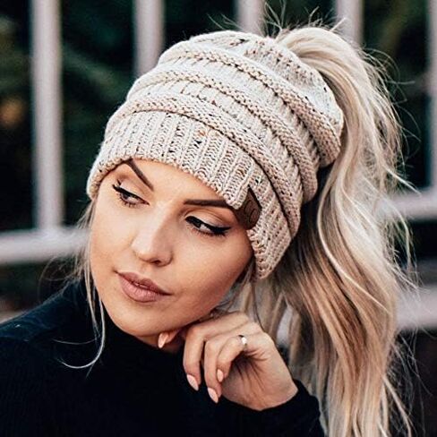 قبعة صغيرة مضلعة صلبة للنساء من Funky Junque Ponytail Messy Bun BeanieTail in Kuwait