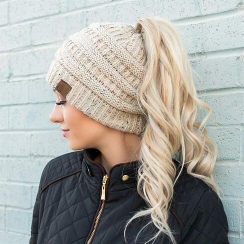 قبعة صغيرة مضلعة صلبة للنساء من Funky Junque Ponytail Messy Bun BeanieTail in Kuwait