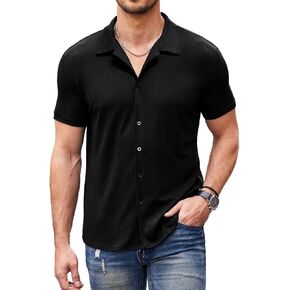 COOFANDY Men Summer Button Down Shirts Short Sleeve Cuban Shirts Knit Slim Fit Beach Shirts
