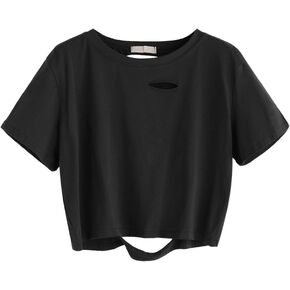 SweatyRocks Women's Summer Short Sleeve Tee Distressed Ripped Crop T-Shirt Tops in Saudi Arabia