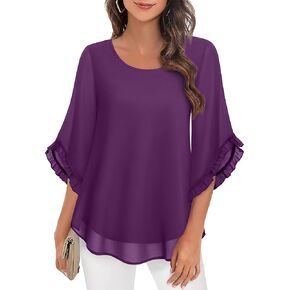 VAFOLY Women's 3/4 Ruffle Sleeve Blouse Tops Double Layers Flowy Shirts Elegant Chiffon Blouses in Saudi Arabia
